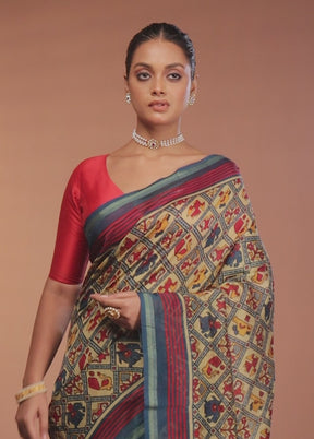 Cream Chanderi Cotton Saree With Blouse Piece