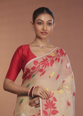 Cream Tant Jamdani Saree Without Blouse Piece