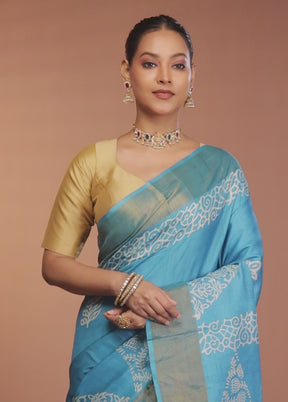 Blue Tussar Silk Saree With Blouse Piece
