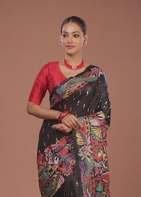 Black Handloom Kantha Stitch Pure Silk Saree With Blouse Piece