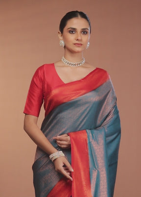 Blue Dupion Silk Saree With Blouse Piece