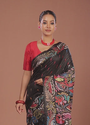 Black Handloom Kantha Stitch Pure Silk Saree With Blouse Piece
