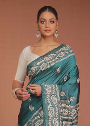 Green Handloom Kantha Stitch Pure Silk Saree With Blouse Piece