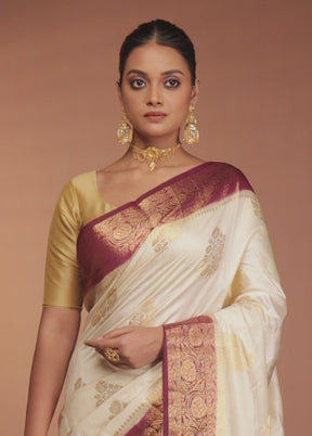 Cream Handloom Dupion Pure Silk Saree With Blouse Piece