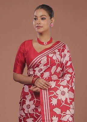 Red Handloom Kantha Stitch Pure Silk Saree With Blouse Piece