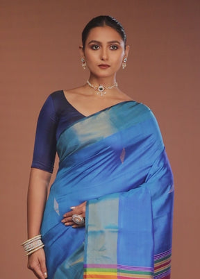 Blue Handloom Kalakshetra Pure Silk Saree With Blouse Piece