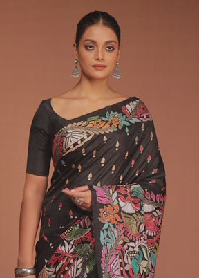 Black Handloom Kantha Stitch Pure Silk Saree With Blouse Piece