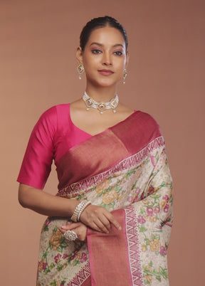 Cream Tussar Silk Saree With Blouse Piece