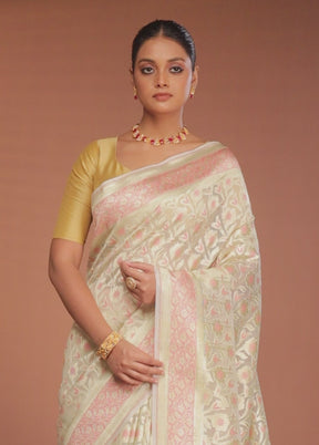 Cream Kora Silk Saree With Blouse Piece
