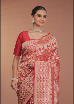 Red Handloom Banarasi Pure Silk Saree With Blouse Piece