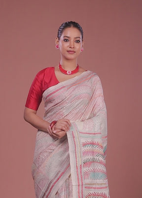Cream Handloom Kantha Stitch Pure Silk Saree With Blouse Piece