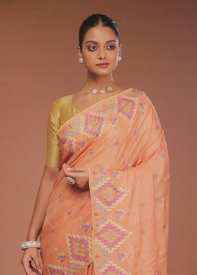 Peach Tussar Pure Silk Saree With Blouse Piece