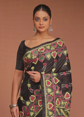 Black Handloom Kantha Stitch Pure Silk Saree With Blouse Piece