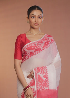 Red Tant Jamdani Saree Without Blouse Piece