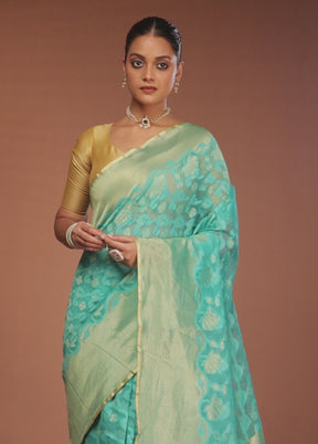 Green Net Saree With Blouse Piece