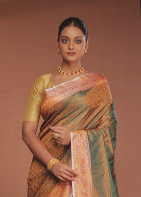 Green Handloom Jamewar Pure Silk Saree With Blouse Piece