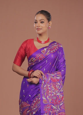 Blue Handloom Kantha Stitch Pure Silk Saree With Blouse Piece