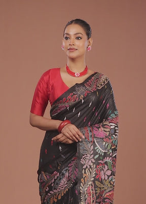 Black Handloom Kantha Stitch Pure Silk Saree With Blouse Piece