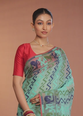 Green Tant Jamdani Saree Without Blouse Piece