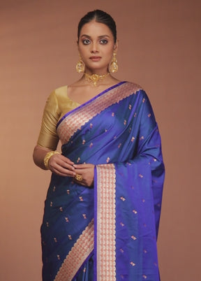 Blue Handloom Banarasi Pure Silk Saree With Blouse Piece