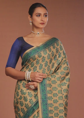 Cream Handloom Printed Pure Silk Saree Without Blouse Piece