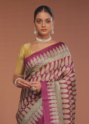 Purple Printed Pure Silk Saree Without Blouse Piece