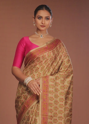 Cream Handloom Printed Pure Silk Saree Without Blouse Piece