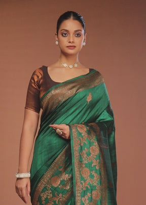 Green Tussar Pure Silk Saree With Blouse Piece