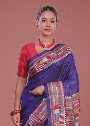 Blue Handloom Kantha Stitch Pure Silk Saree With Blouse Piece