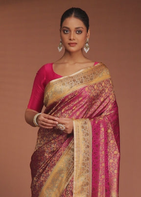 Pink Handloom Jamewar Pure Silk Saree With Blouse Piece