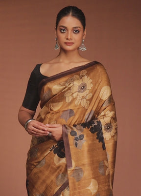 Cream Printed Pure Silk Saree Without Blouse Piece