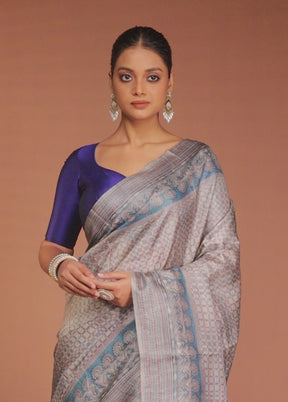 Grey Handloom Tussar Pure Silk Saree With Blouse Piece