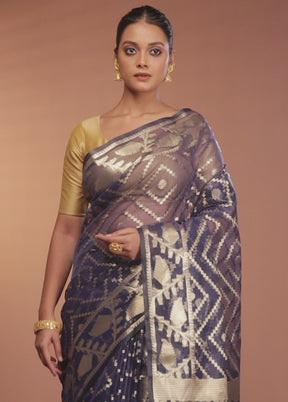 Blue Organza Saree With Blouse Piece