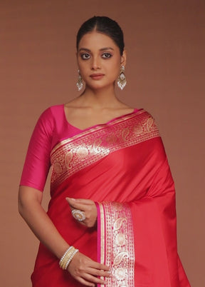 Pink Banarasi Silk Saree With Blouse Piece