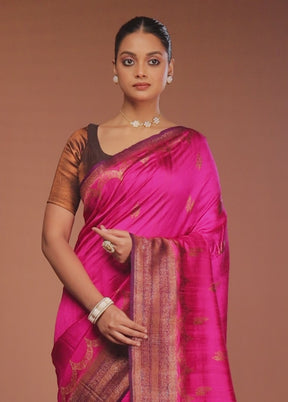 Pink Tussar Pure Silk Saree With Blouse Piece