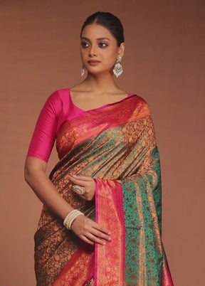 Green Handloom Jamewar Pure Silk Saree With Blouse Piece