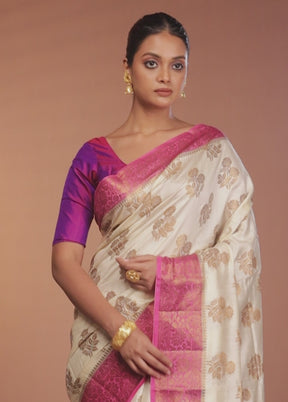 White Handloom Dupion Pure Silk Saree With Blouse Piece