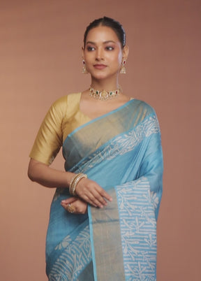 Blue Tussar Silk Saree With Blouse Piece
