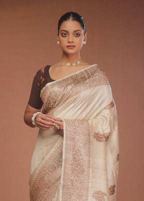 Cream Tussar Pure Silk Saree With Blouse Piece