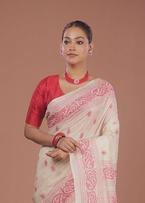 Cream Handloom Kantha Stitch Pure Silk Saree With Blouse Piece