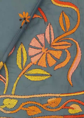 Grey Kantha Stitch Silk Saree With Blouse Piece