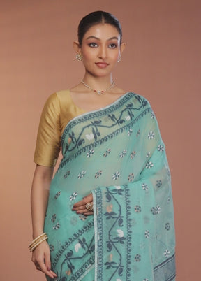 Blue Tant Jamdani Saree Without Blouse Piece