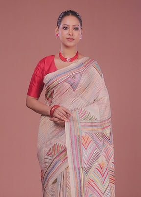 Cream Handloom Kantha Stitch Pure Silk Saree With Blouse Piece