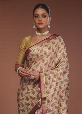 Cream Printed Pure Silk Saree Without Blouse Piece