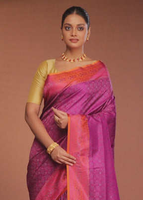Pink Handloom Jamewar Pure Silk Saree With Blouse Piece