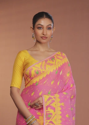 Pink Tant Jamdani Saree Without Blouse Piece