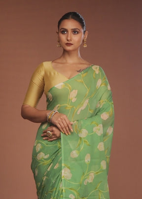 Green Handloom Chiffon Pure Silk Saree With Blouse Piece