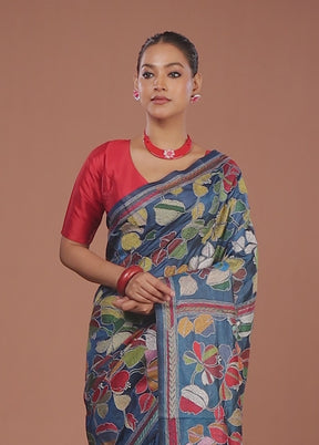 Blue Handloom Kantha Stitch Pure Silk Saree With Blouse Piece