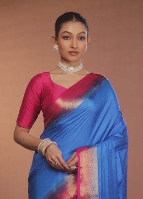 Blue Dupion Silk Saree With Blouse Piece