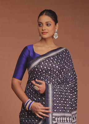 Blue Handloom Kantha Stitch Pure Silk Saree With Blouse Piece